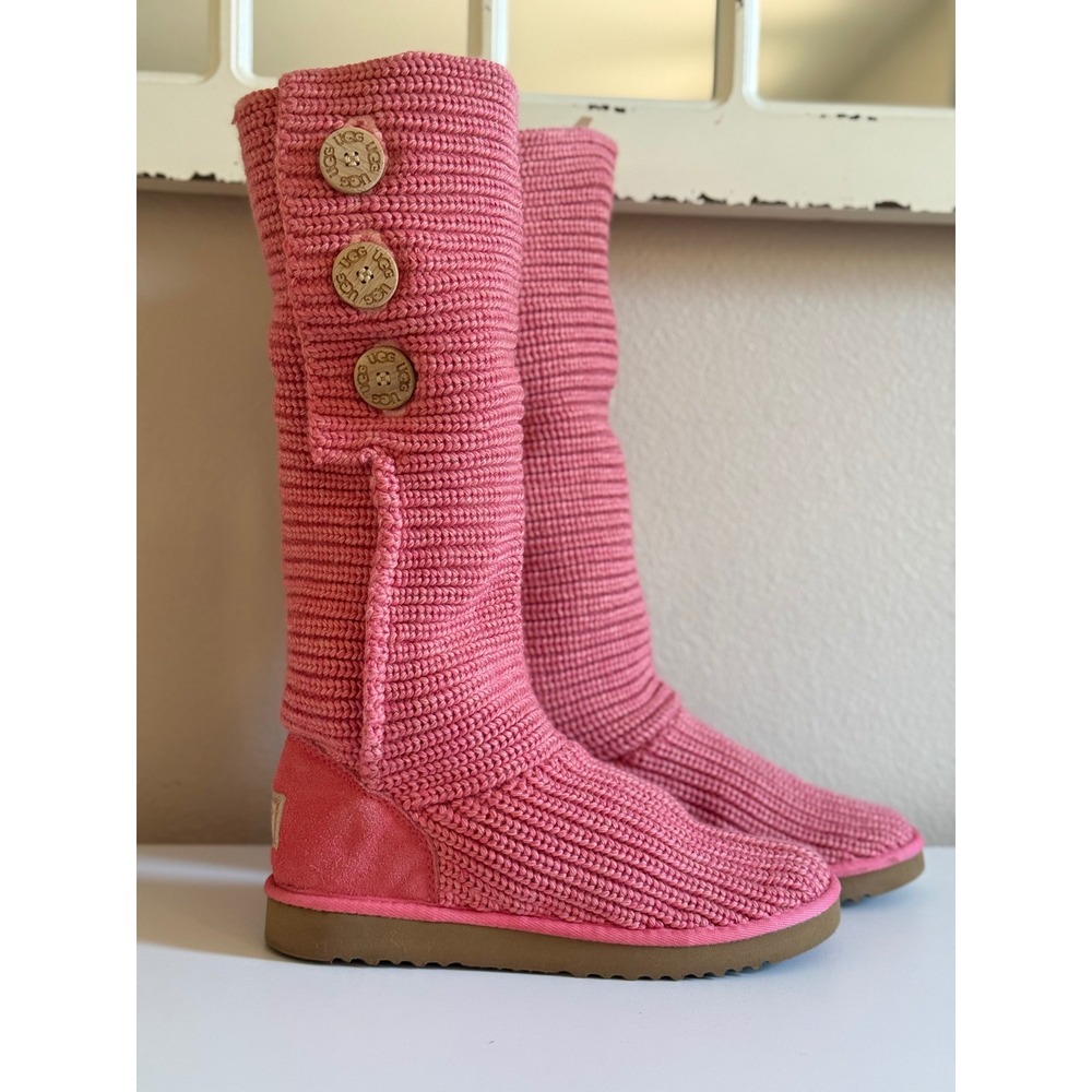 UGG Australia Lattice Cardy Pink Knit Tall 3-Button Boots Womens